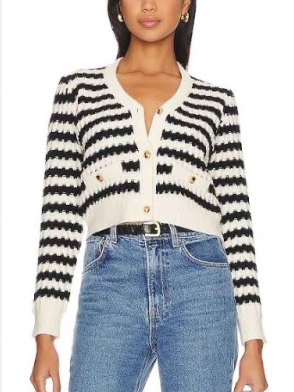 Line & Dot Black and White Striped Cropped Cardigan with Gold Buttons